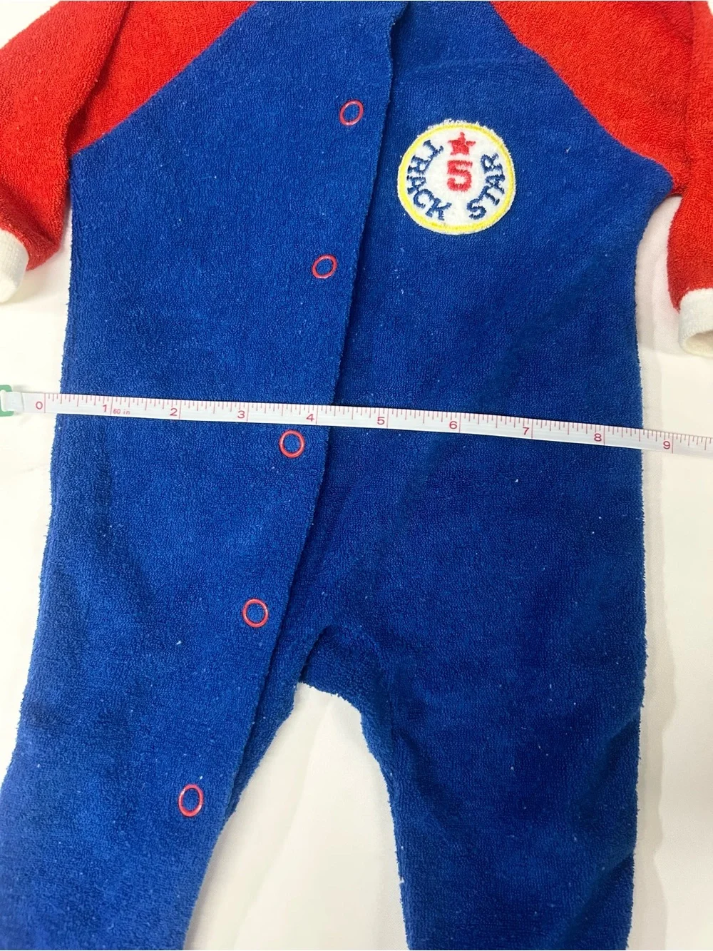 Vintage 80s Carter's Blue & Red 'Track Star' One-Piece Footed Romper